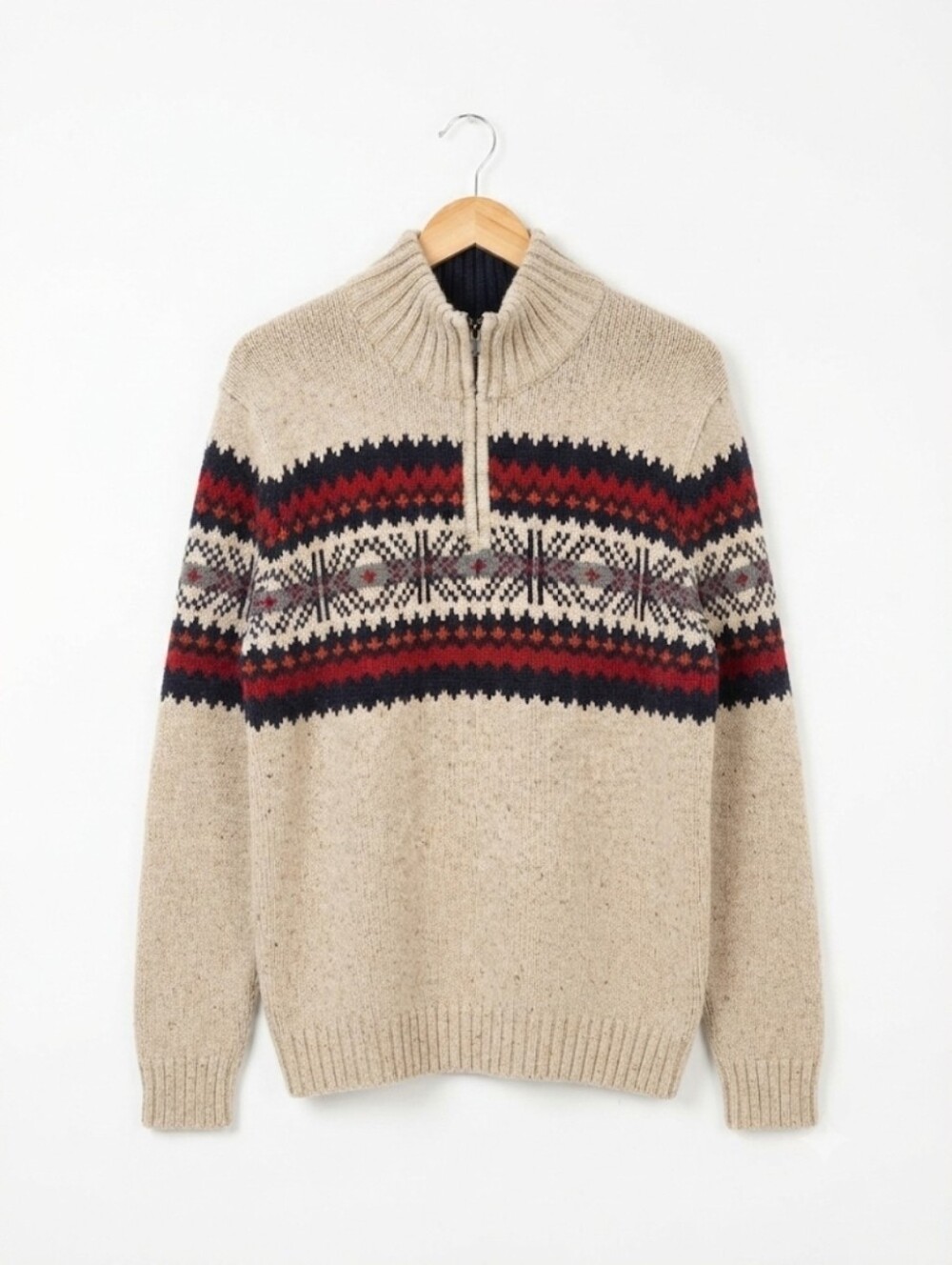 Tommy Hilfiger Beige Half-Zip Fair Isle Sweater with Red & Navy Accents Size XXL